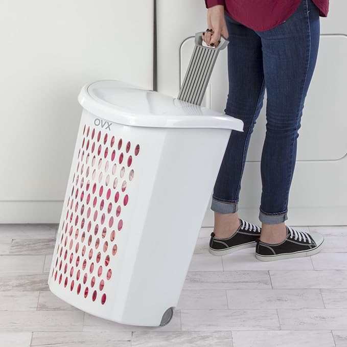 (2 Pack) Ultra Wheeled Hamper - White Plastic Laundry Hamper with Retractable Handle & Smooth Wheels, 2 Bushel Capacity for Dorms/Apartments/Family