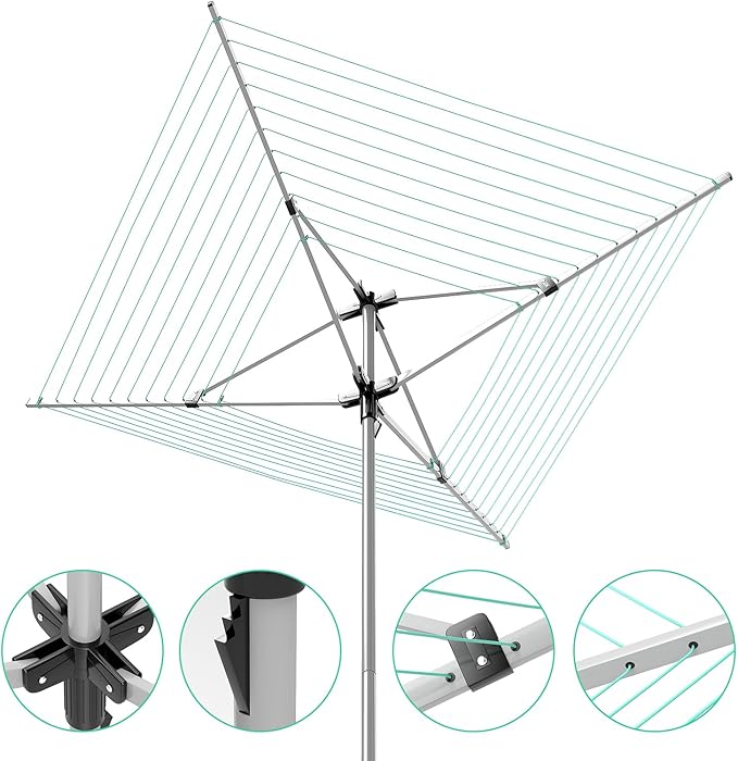 tonchean Rotary Umbrella Drying Rack, Adjustable Height Rotary 4-arm Umbrella Clothesline for Laundry Outdoors Dryer Collapsible Clothes Drying Rack | 12-Lines with 165 ft. Clothesline