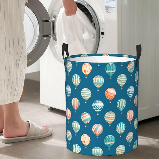 Cute Hot Air Balloons Round Laundry Hamper Storage Basket Toys Clothes Organizer Bin For Home Bathroom Bedroom Dorm Nursery, 38l