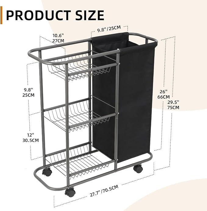 Rolling Laundry Cart with Wheels: 3-Tier Laundry Caddy Between Washer and Dryer - Heavy Duty Wrapping Paper Cart with 45L Bag for Narrow Space Laundry Room Bathroom Bedroom Black