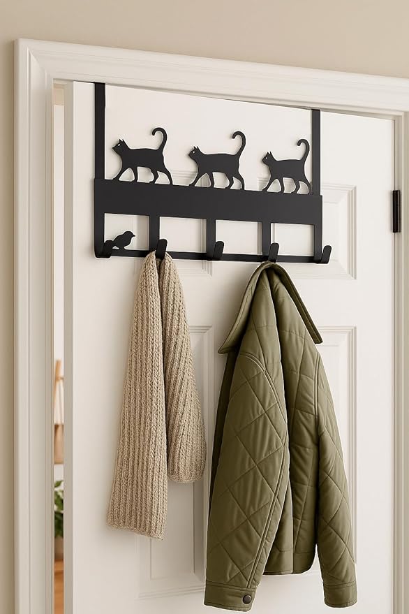 Mango Steam Over-The-Door Organizer Hanger for Towels, Hats, Hoodies, Coats, Backpacks, & Keys (Cat, Black)