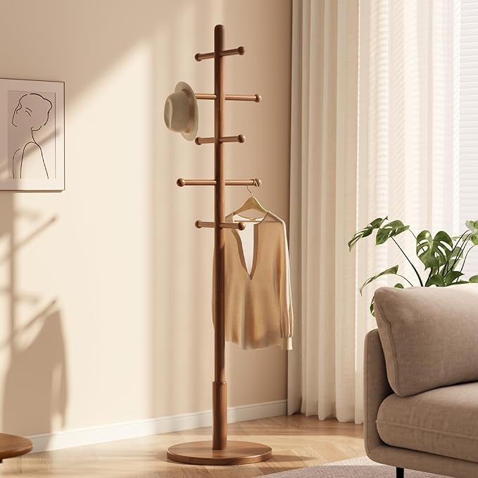 Solid Wood Coat Rack Freestanding with 10 Hooks, Coat tree freestanding 3 Adjustable Heights for coat, Hats, Handbags, Coat Stand for Entryway,Bedroom,office, Walnut