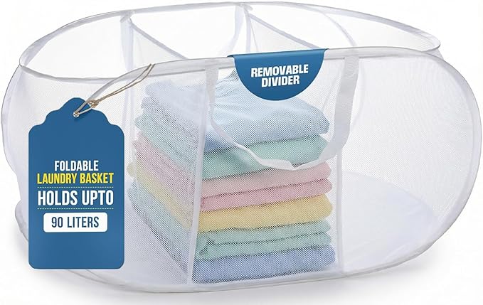 Foldable Laundry Basket - Popup and Collapsible, Durable Mesh Material, Folds for Storage, Easy Carry Handles - Great Hamper for College Dorm, Laundry Room or Travel (White, 3-Compartments)