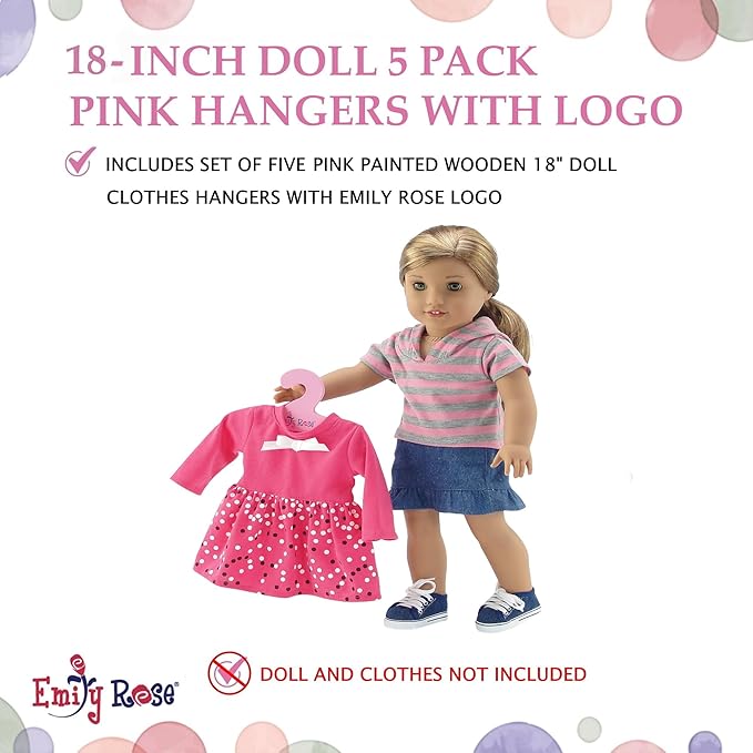 Emily Rose 18 Inch Doll Clothes Hangers 5-Pack Pink Wooden | Closet Organizer Compatible with American Girl and Our Generation Doll Clothing | 18” Wardrobe Furniture Accessories | USA Brand
