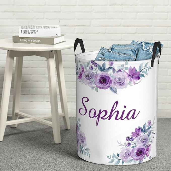 Personalized Laundry Basket for Nursery, Custom Nursery Laundry Hamper with Name, Customize Baby Clothes Circular Hamper for Boys Girls Room Decor, Purple Floral