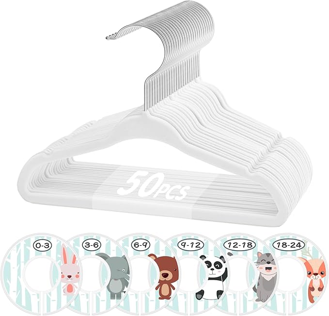 VIS'V Baby Hangers, 11 Inch Velvet Kids Hangers with 6 Pcs Clothes Size Dividers, Infant Toddler Nursery Closet Organization, Non Slip, White, 50 Pcs