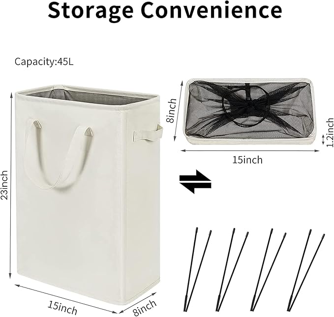 ZERO JET LAG Slim Laundry Hamper With Handles Collapsible Laundry Basket Thin Dirty Clothes Basket Narrow Laundry Bag Foldable Dirty Clothes Hamper 45L (23 inches,Beige)