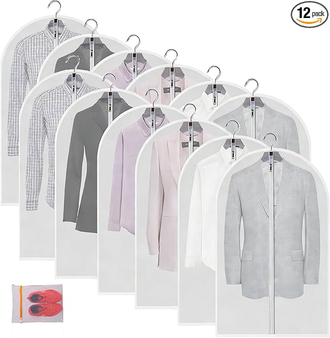 Garment Bags 12 Pack, 24 x 40 Hanging Clothes Storage Bags, Translucent PEVA Garment Covers with Full Zipper for Suits and Dresses