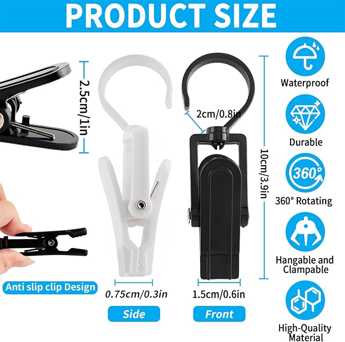VinBee 20 PCS Laundry Hooks with Clips Super Strong Plastic Home Travel Swivel Hanging Hanger Closet Organizer Clamps Socks Boot Bras Towels for Bathroom Wardrobe Kitchen - 4.3 Inches (Black+White)