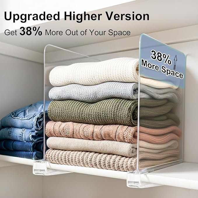 Shelf Dividers Purse Organizer for Closet: 11-inch Tall(Higher Version) Acrylic Sweater Organizer - Upgraded Extra Height for Large Handbags, Totes, Clothes, Towels on Wood Shelves 4-Pack