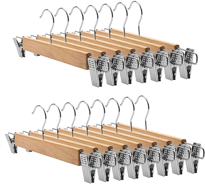 Tosnail 15 Pack 14" Natural Wooden Hangers Skirt Pants Clothes Hangers with Clips and 360° Swivel Hook, Heavy Duty Jeans Hangers - Natural
