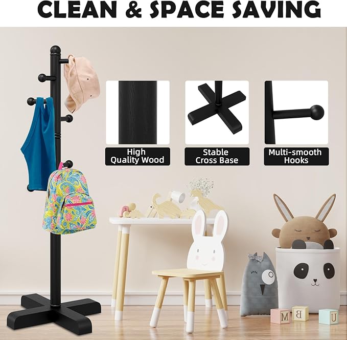 Coat Rack, Freestanding Coat Racks with 8 Hooks 2 Adjustable Height, Tree Coat Rack for Bedroom, Hallway, Entrance, Office, Hats, Handbags,Purse (BLACK)