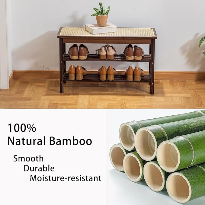 latifolia Shoe Rack Bench, 3-Tier Bamboo Shoe Bench with Breathable Rattan Seat Cushion, Shoe Storage Rack for Entryway(Walnut,31.50''L)