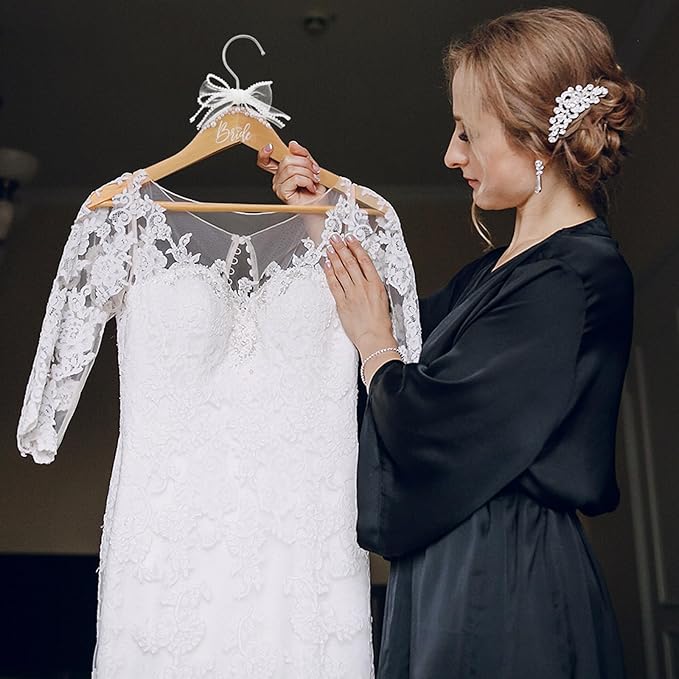 Bride Wedding Dress Pearl Mrs. Hanger with Pearl Ribbon Bow Elegant Wooden Dress Hanger to Be Ideal Keepsake for Wedding Day Gift(Brown,Bride)