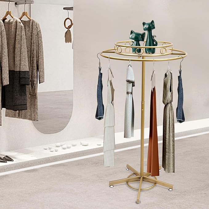 Rotatable Round Garment Rack, Floor Standing Iron clothes Hanging Rack with Topper, Suitable for Large Shopping Malls Retail, Clothes Boutique Display Laundry Rooms Multi-Purpose Hanging (Gold)
