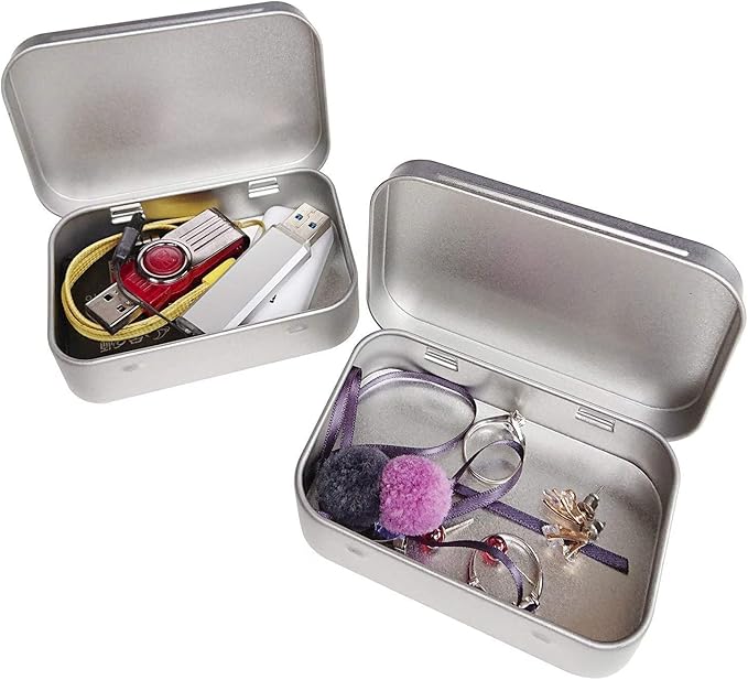 2 Pcs Metal Hinged Tin Box Container Mini Portable Small Storage Container Kit with Lid for Home Storage 3.7x2.3x0.8 inch, Silver