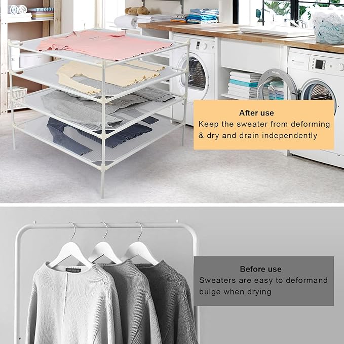Sweater Drying Rack Flat, Metal Tube Mesh Clothes Drying Rack for Laundry with Rubber Feet, Stackable Laundry Clothing Dryer Rack for Art, Clothes, Indoor & Outdoor, White, 4-Layer