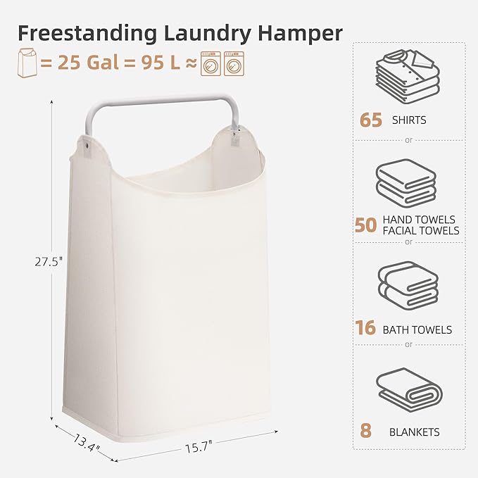 STORAGE MANIAC Large Laundry Hamper with Sturdy Metal Handle, Collapsible Laundry Basket, Freestanding Waterproof Clothes Hamper for Laundry Room, Bedroom, Dorm, Towels, Toys, White