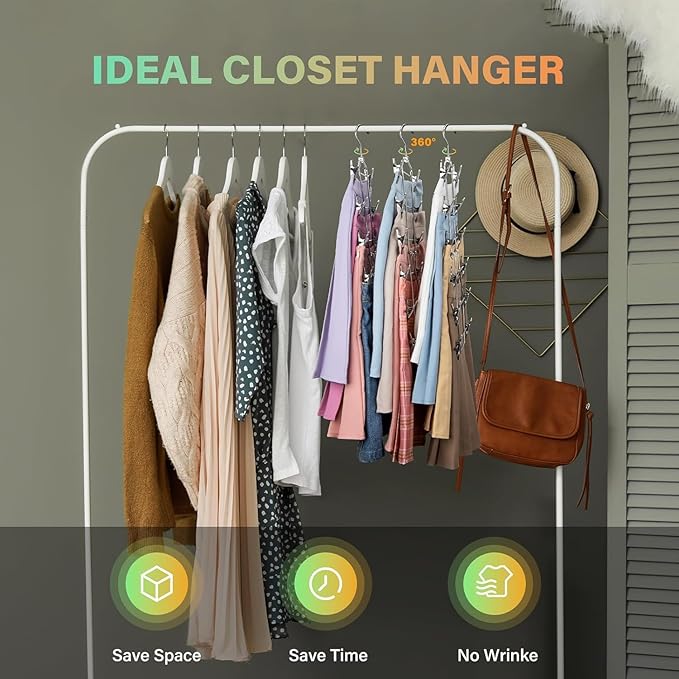 Pants Hangers,Space Saving one Pack Metal 6 Tier with Clips Holds 12 Skirts/Pants/Jeans/Shorts, w/360°Rotating Hook, Skirt Hangers Space Saving Closet Organizers and Storage (2PCS)