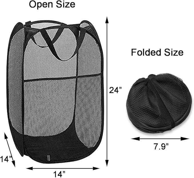 Pop Up Laundry Hampers, Collapsible Mesh Laundry Baskets for Home, Dorm, Travel, Portable Clothes Hampers, Pack of 2 (Black + Grey)