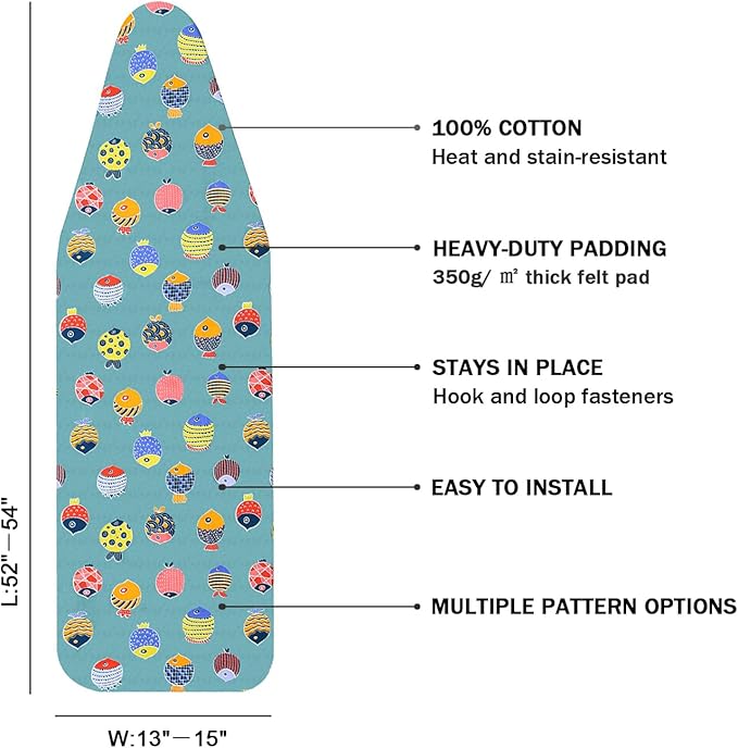 Ironing Board Cover and Pad Standard Size 15" x 54",3 Pairs of Hook and Loop Fastener Straps,Elastic Edges,Cotton Iron Board Cover with Scorch Resistant Thick Padding(Green+Fishes)