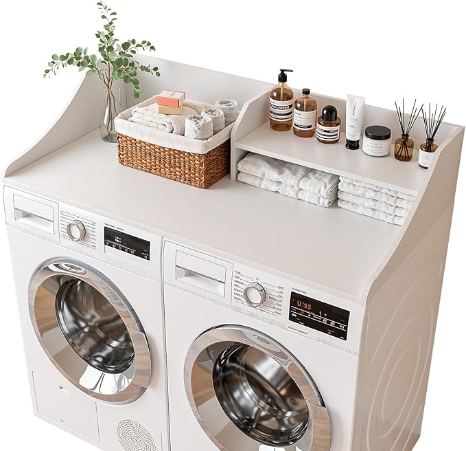 2 Tiers Washer Dryer Countertop, 54" Width x 27.5" Depth Laundry Countertop Organization, Wooden Washer and Dryer Topper for Folding, Sorting & Ironing, Easy to Install, White