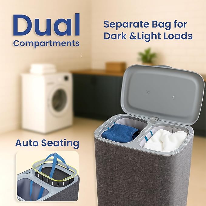 XABITAT Dual Section 90L Laundry Basket with Wheels and Lid – Tall divided Double Laundry Hamper with 2 Removable Washable Bags, Large Laundry Sorter for Easy Clothes Separation
