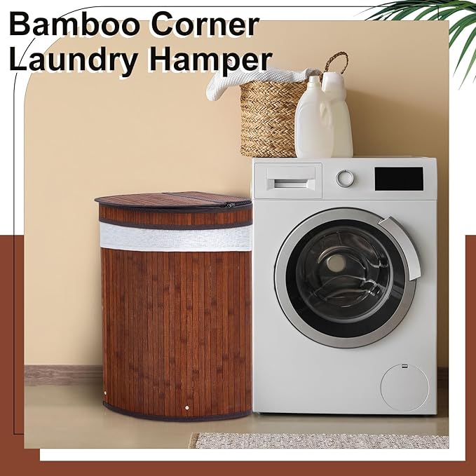 Gueevin Corner Laundry Hamper with Lid and 2 Removable Cloth Liners Bamboo Corner Laundry Basket Collapsible Clothes Basket Storage Bin for Bedroom Bathroom Laundry Living Room (Espresso Color)