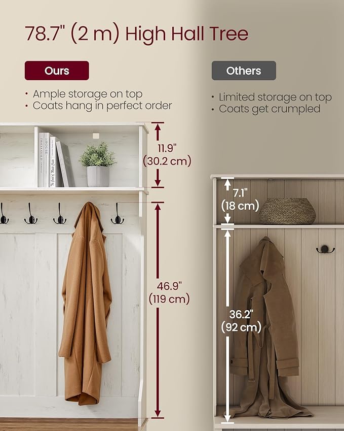 VASAGLE Hall Tree with Bench and Shoe Storage, Coat Rack with Shoe Bench, Entryway Furniture, 6 Tri-Hooks, Sliding Door, Farmhouse Style, Space Saving, Rustic White and Honey Brown UHSR443W01