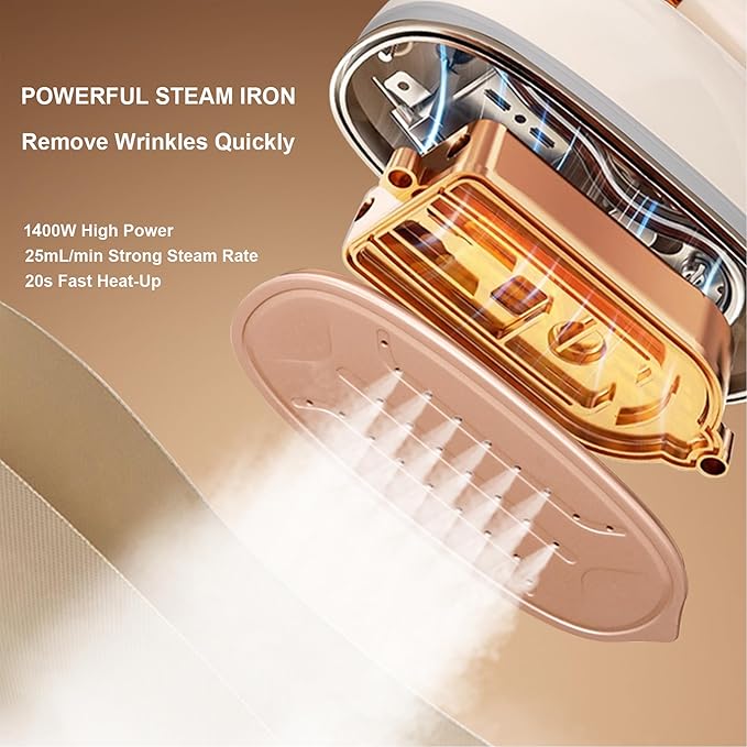 Garment Steamer for Clothes 1400W Portable Travel Steamer 180°Rotating Handle lancha a Vapor Para Ropa with LCD Display Handheld Wrinkle Remover, 260mL Water Tank, Beige
