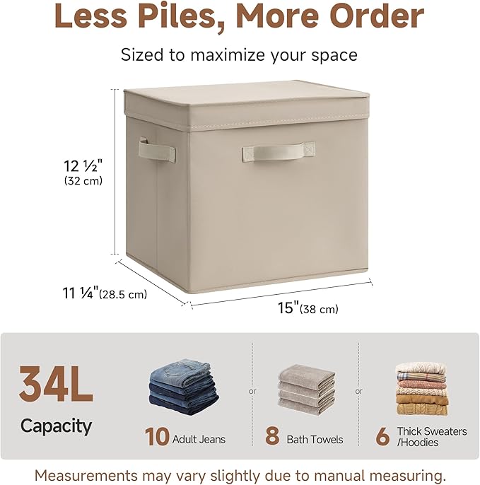 StorageWorks Storage Boxes with Lid, Collapsible Storage Bins with Handles, Stackable Closet Organizers for Shelves, and Bedroom, 15" x11¼x12½, Light Brown, 2-Pack
