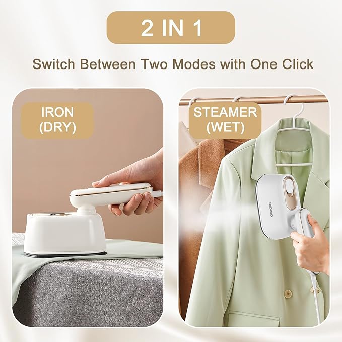 Travel Steamer, Dry & Wet 2 in 1 Portable Steamer for Clothes, 180° Rotatable Mini Steam Iron, Portable Iron Steamer for Home, Travel, Dorm, Gifts, School Gift, Home Essential (White)