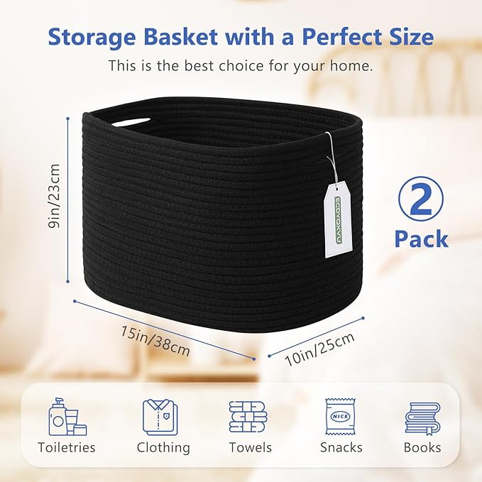 Cotton Rope Storage Basket, 15x10x9 Inches, Woven Basket for Shelves, Clothes, Towels, Books, and Laundry, Black (2 Pack)