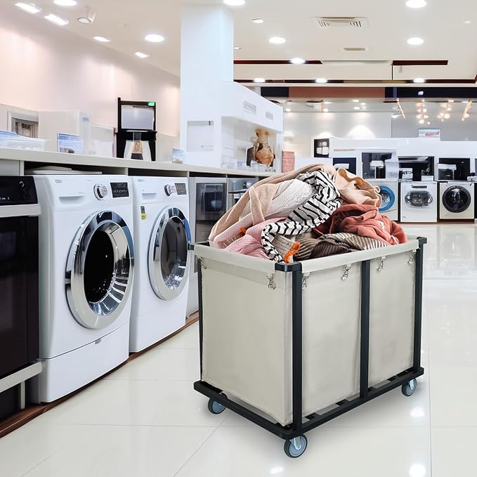 Commercial Laundry Cart with Wheels,600 lbs Heavy Duty Laundry Cart with Steel Frame and Oxford Cloth Bag,Industrial Laundry Cart with Wheels for Hotel,Housekeeping,400L(Beige)