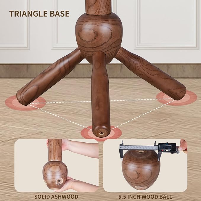 Wooden Coat Rack Stand, 100% Natural FAS Ash Wood Coat Rack Freestanding, Coat Racks with Stable Sphere Triangle Base,Classic Coat Racks with 9 Hooks, Wood Entryway Coat Hall Tree Hanger Stand