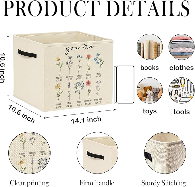 Christian Floral Storage Bin Box with Handles, Inspirational You Are Bible Verse Religious Foldable Baskets Organizer for Bedroom Bathroom Home Clothes Toys Books, Toybox for Girls