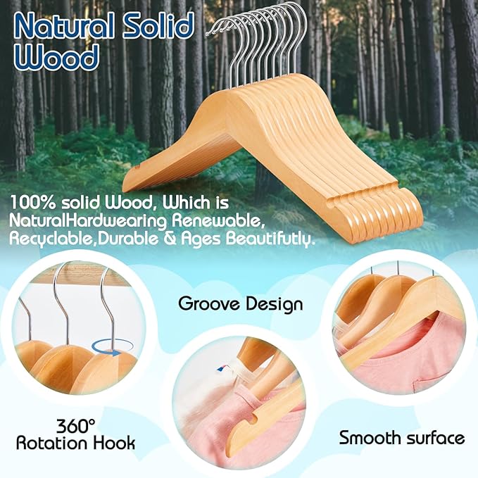 20 Pcs Wooden Baby Clothes Hangers with 20 Pcs Metal Ring Clips 12.6" Wooden Shirt Coat Hangers with Notches and Anti Rust 360 Swivel Chrome Hook for Kids Children Toddler Clothes