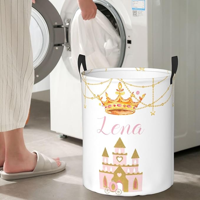 Personalized Laundry Basket for Nursery, Custom Nursery Laundry Hamper with Name, Customize Baby Clothes Circular Hamper for Boys Girls Room Decor, Crown