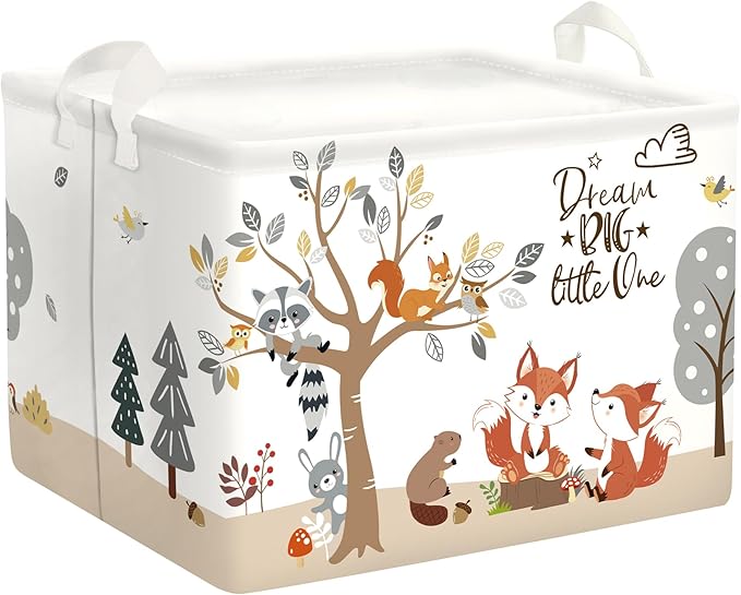 Forest Animals Laundry Hamper Woodland Tree Large Storage Basket Parents Organizer Kids Clothes Toy Bins for Bedroom, Bathroom, Fox, 36L