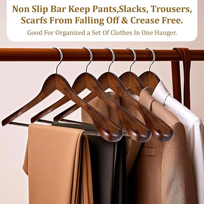 Wooden Suit Hangers 10 Pack Wide Shoulder Wooden Suit Coat Hangers with Non Slip Pants Bar Premium Wood Hanger with 360 Degree Swivel Hooks for Sweater, Pants, Heavy Clothes, Walnut