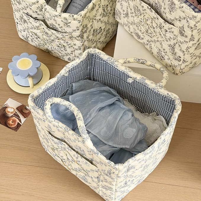 Quilted Laundry Basket Floral Storage Basket Cute Fabric Laundry Baskets Large Boho Foldable Nursery Hamper (Floral05)