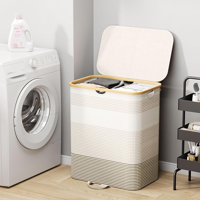 Double Laundry Hamper with Lid and Removable Bags, 150L Large Collapsible 2 Dividers Dirty Clothes Basket with Handles, Beige Double Laundry Basket Organizer for Bedroom,Laundry Room,College