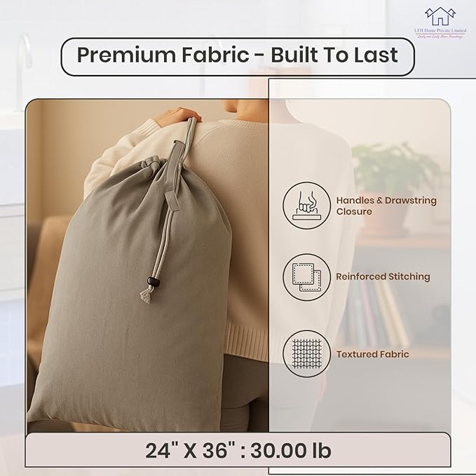 LFH Home Cotton Canvas Large Laundry Bag with Handle, Heavy Duty Drawstring Closure Washable Laundry Bags, School Travel, Home, Hotel, College Dorm, Organizer Sack, Toys Clothes 24x36 (Pack of 4)-Grey