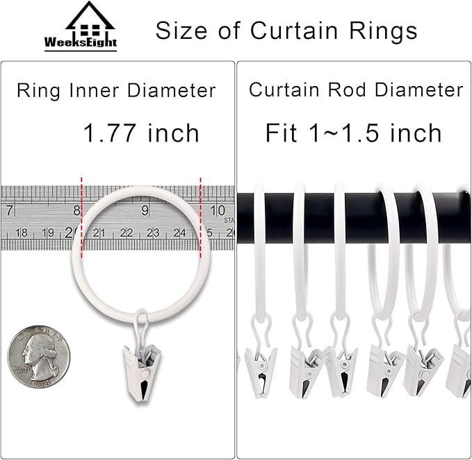 40 Pack White Curtain Rings with Clips, Curtain Hooks Hangers Clip Rings for Hanging Drapes Bows Hat, Drapery Rings 1.77 in I D, Fits up to 1.5 in Diameter Curtain Rod.