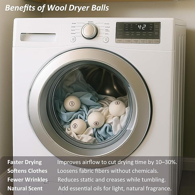 Wool Dryer Balls Laundry, L(2.3") 6 Pack, Premium Fabric Softener Ball, Reusable, Anti Static, Chemical Free Natural Wool Balls for Dryer, Laundry Dryer Balls – 100% New Zealand Wool
