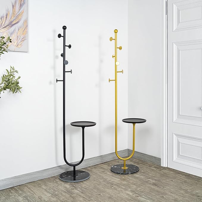 Coat Rack Freestanding with Table & 6 Hooks, Corner Coat Tree, Heavy-duty Marble Base Coat Rack Stand for Bedroom Living Room Office Entryway 13.78 x 13.78 x 68.11 Inches (Gold)
