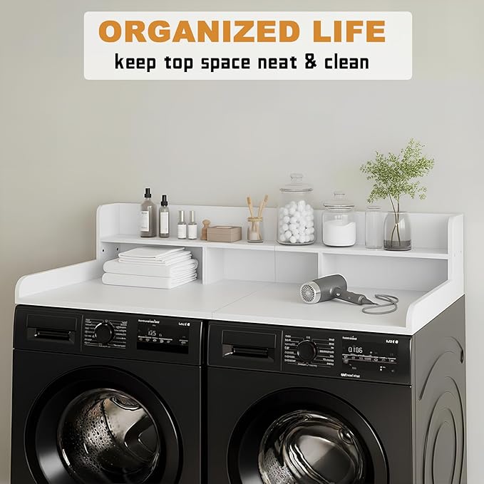 Washer Dryer Countertop with Shelf, 2-Tier Laundry Countertop Over Washer and Dryer, 54" x 27.55" Wooden Table for Folding Clothes for Laundry Room Organization and Storage (Milky)