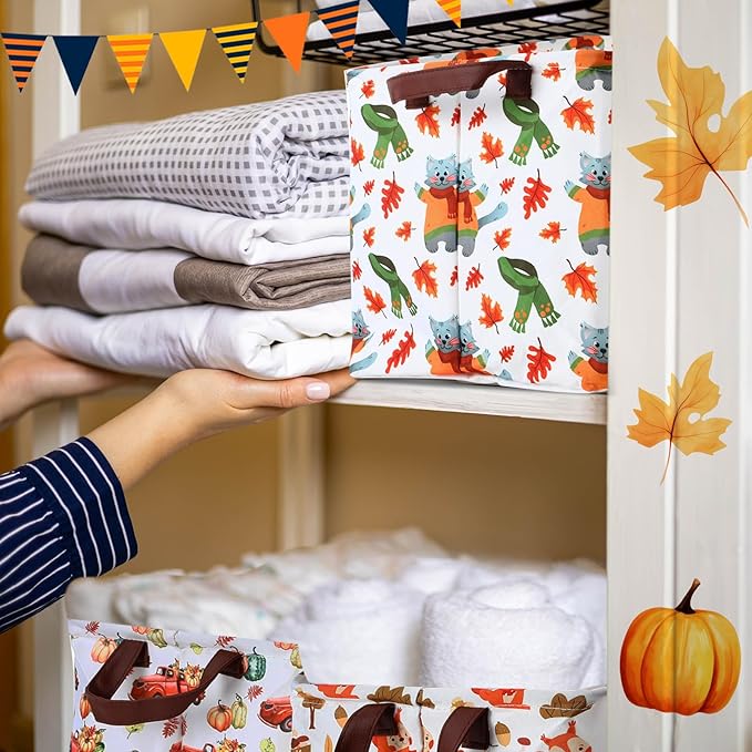 Vesici 6 Pack Thanksgiving Storage Basket for Gifts Fall Basket Farm Harvest Pumpkin Turkey Maple Leaf Storage Bins Foldable Laundry Box with Handle for Office Home Bedroom Clothes