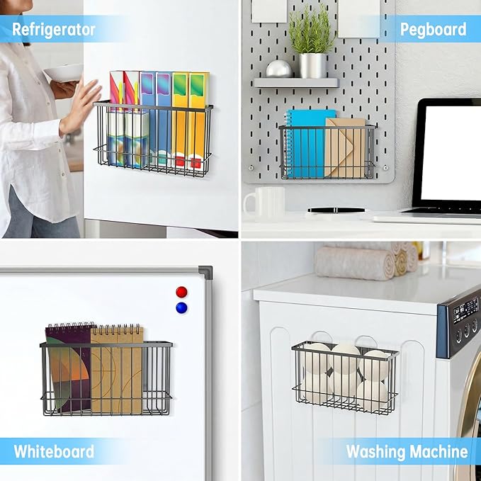 NiHome Magnetic Metal Basket Organizers, 2PCS Medium & Small, Versatile Storage for Kitchen & Office Holds Up to 14 lbs, Easy Attach to Refrigerator or Any Magnetic Surface(Black)