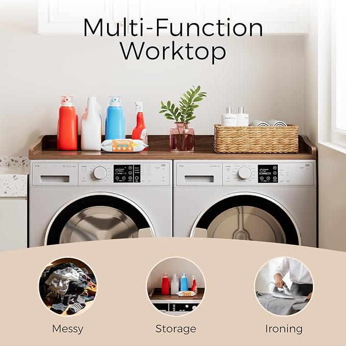 Washer Dryer Countertop, 54" W x 27.5"D Washer Dryer Topper with Non-Slip Mat, Laundry Countertop Organizer for Folding Clothes, Walnut
